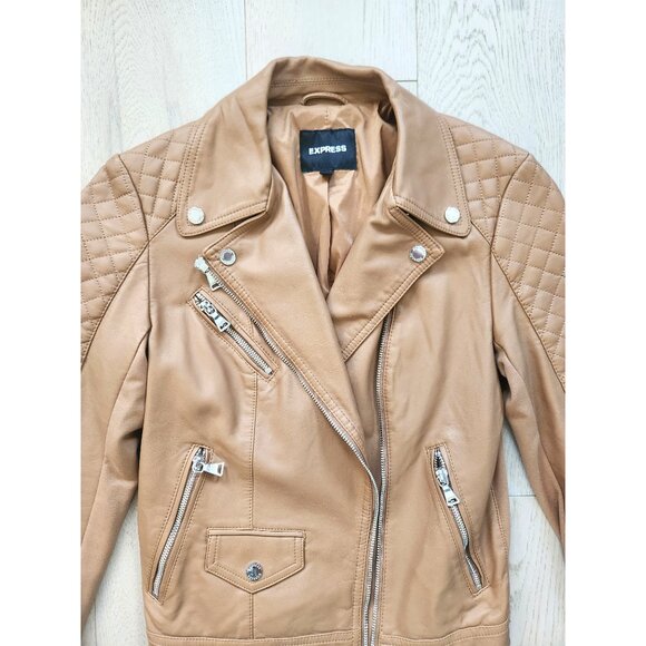 EXPRESS Moto Faux Leather Jacket Tan Silver XS - Picture 3 of 8